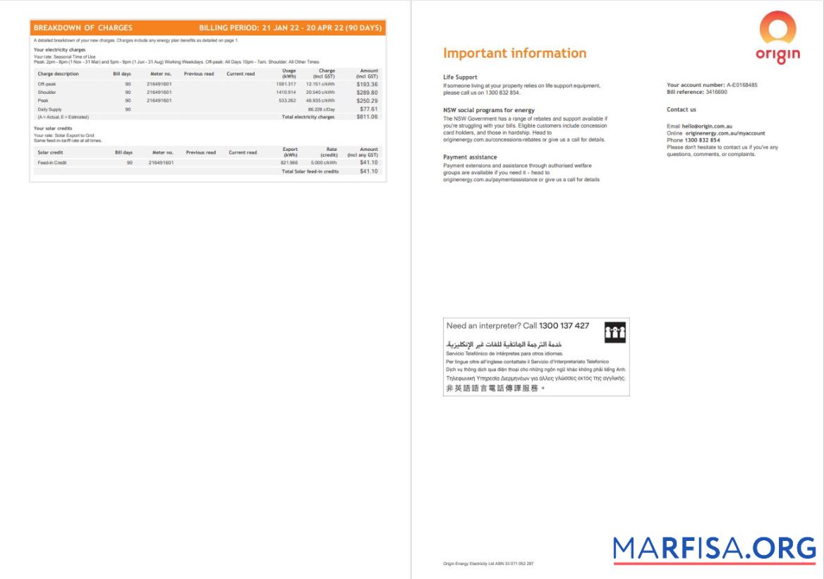 Blank Australia Origin utility bill, Word and PDF template, 4 pages 3 4